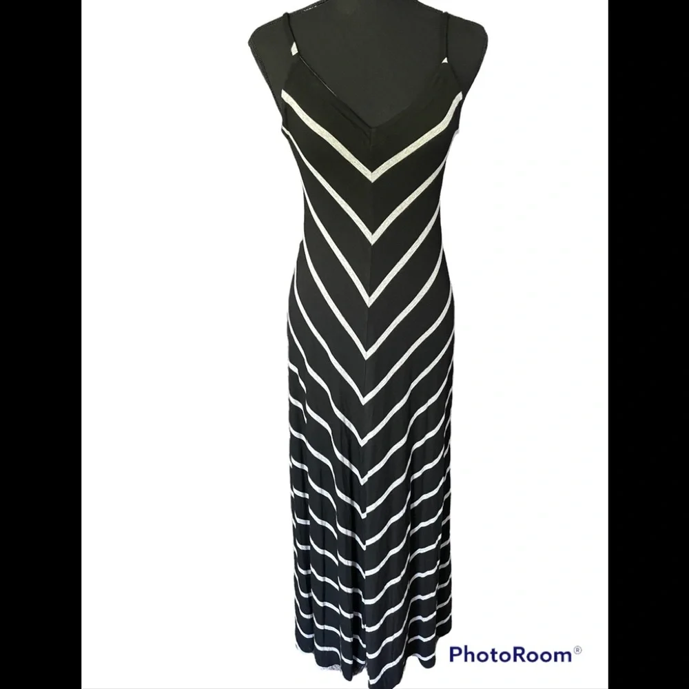 Matty M striped jersey knit maxi dress with adjustable spaghetti straps, size S